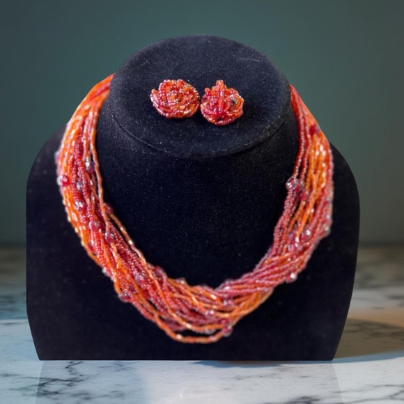 Seed Bead  Orange necklace and earrings - multi strand New Boutique - Picture 8 of 8